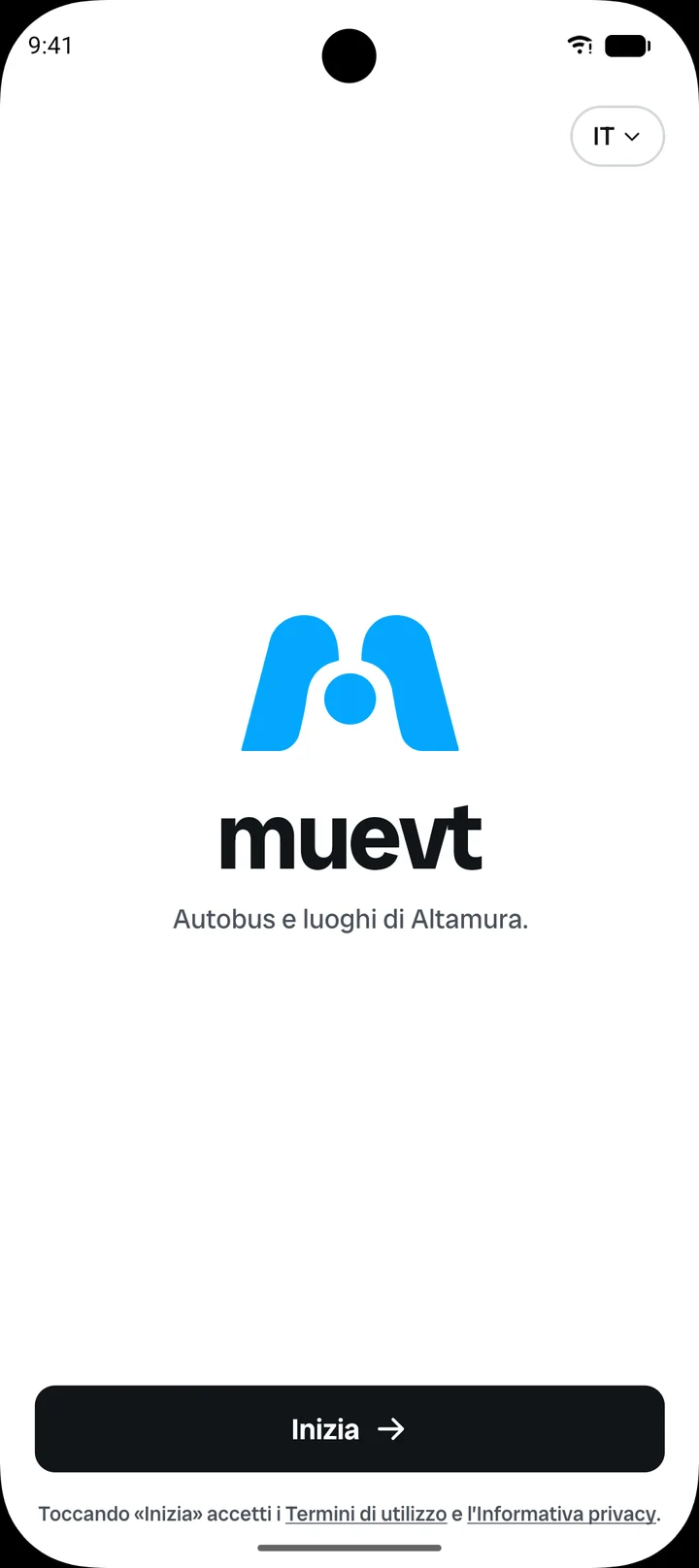 La schermata di benvenuto di Muevt