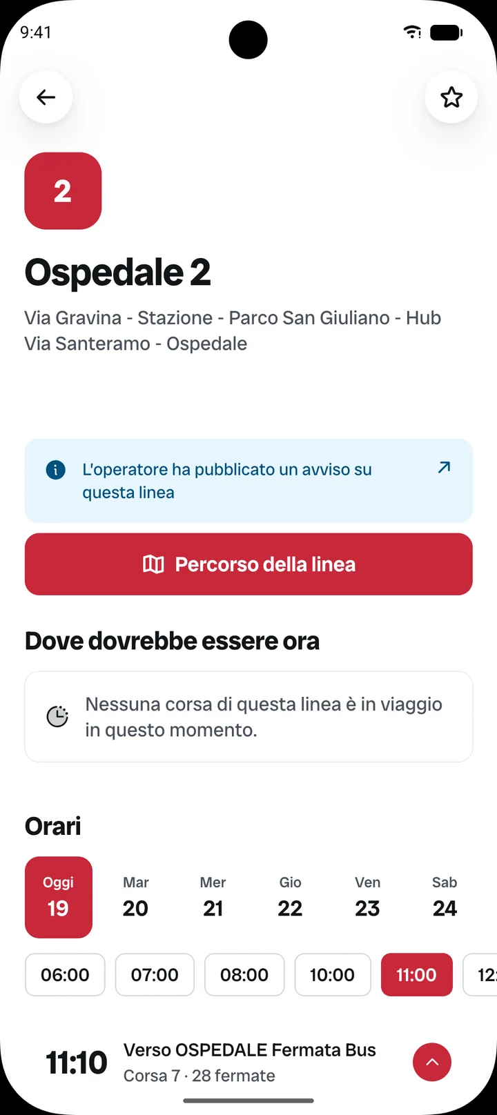 La pagina della linea Ospedale 2 con gli orari del giorno