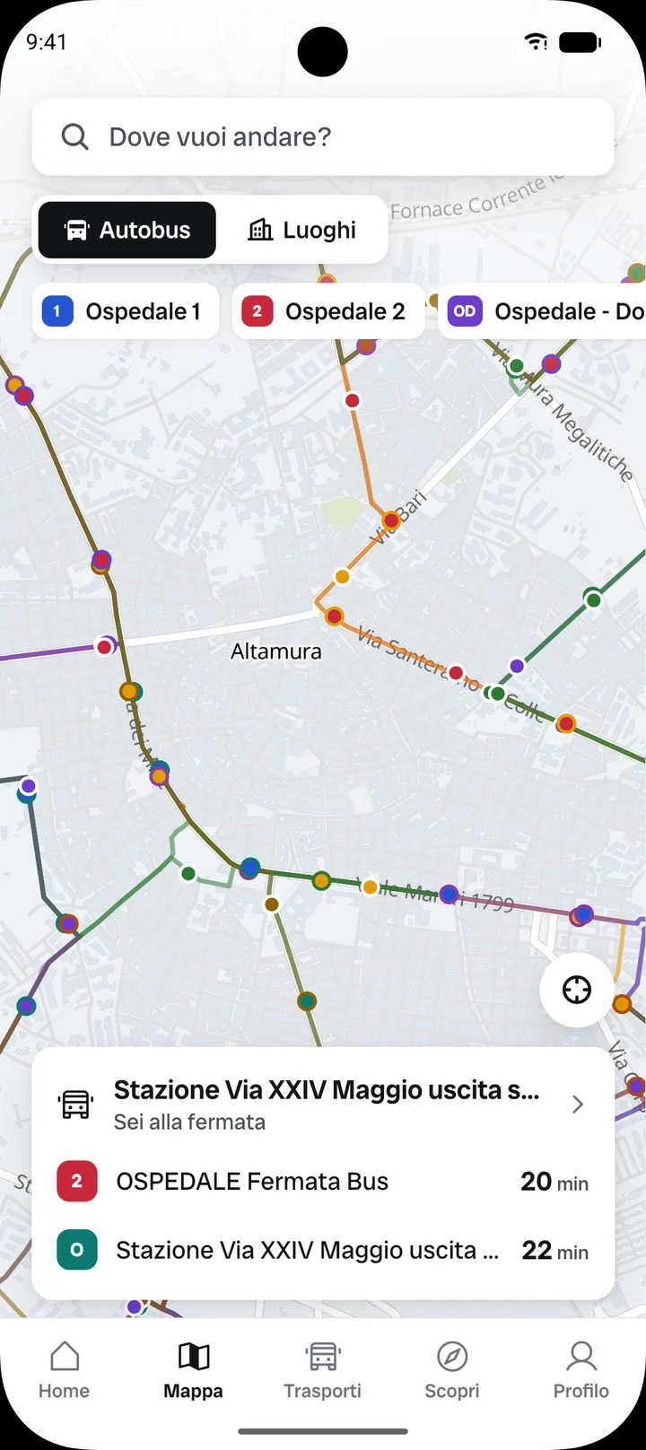 Mappa di Altamura con le fermate colorate per linea