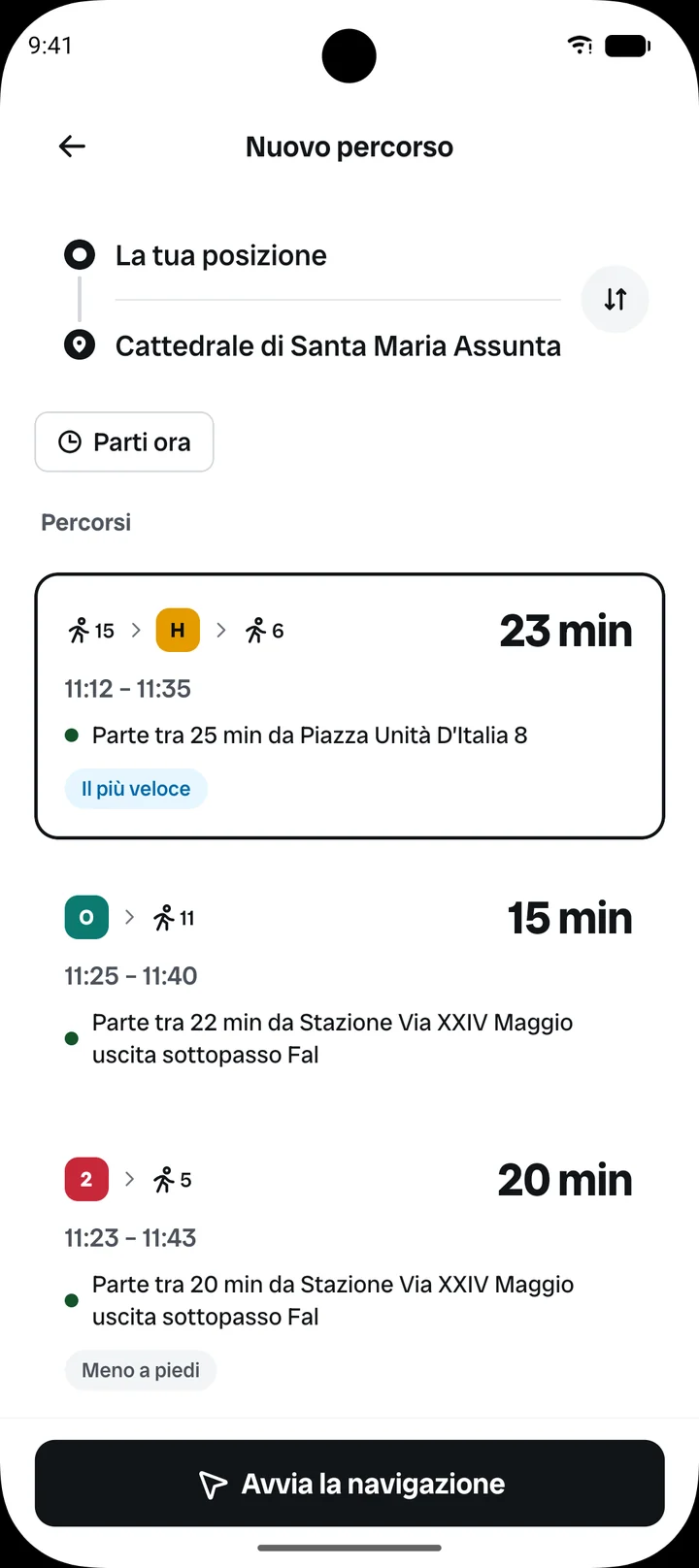 Percorsi con autobus e tratti a piedi in ordine di arrivo