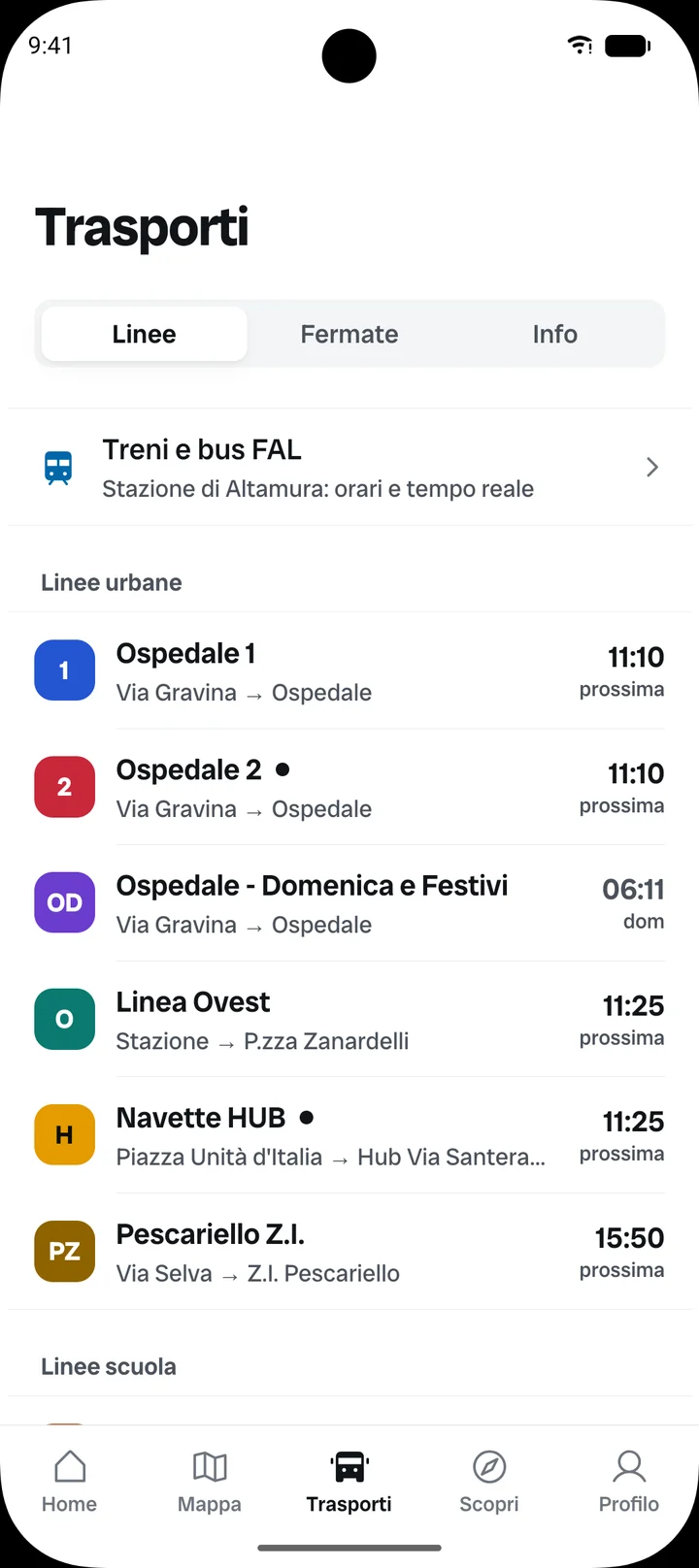 Elenco delle linee urbane con la prossima partenza
